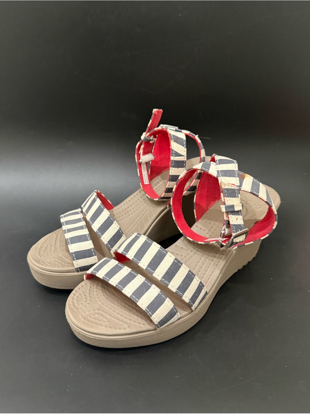CROCS Leigh Nautical Striped Ankle Strap Wedge Sandals Size 8